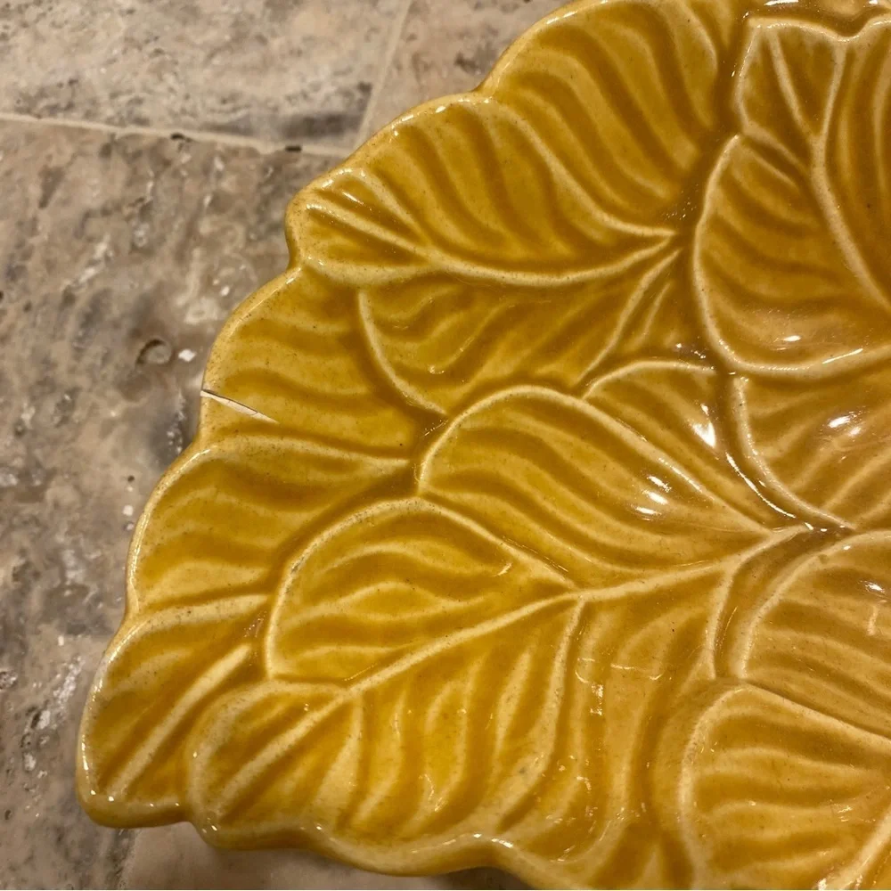 Vintage Retro USA pottery‎ two sided tray serving dish trinket yellow leaf gold